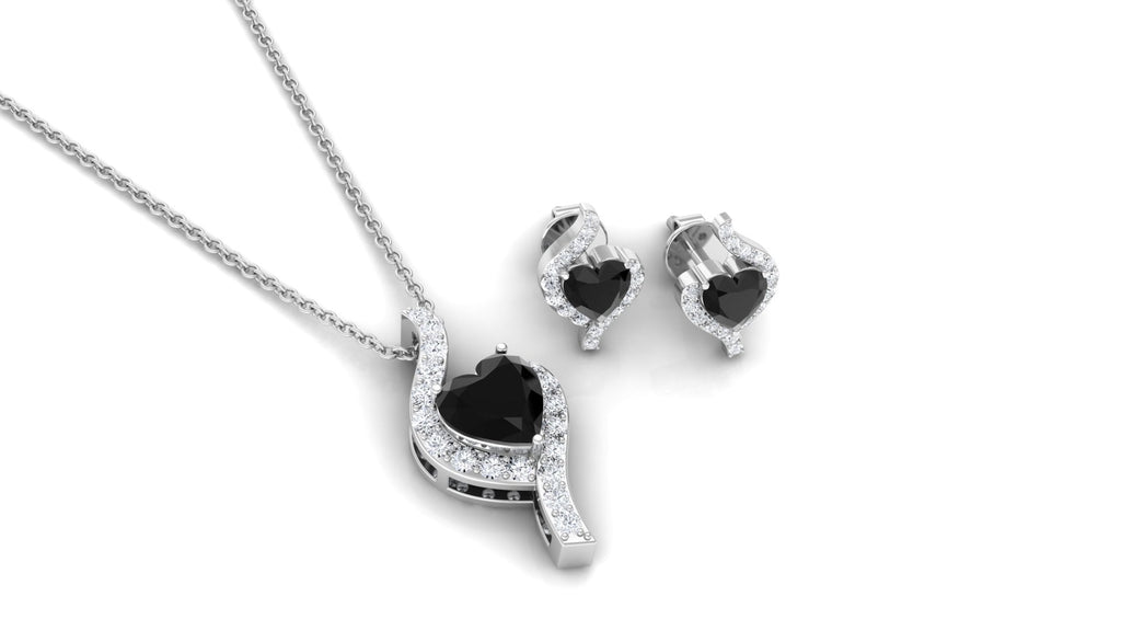Real Black Onyx Heart Pendant Necklace and Earrings Set with Diamond