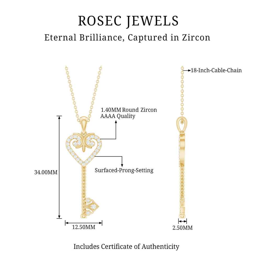 Cubic Zirconia Vintage Inspired Heart Key Pendant Necklace