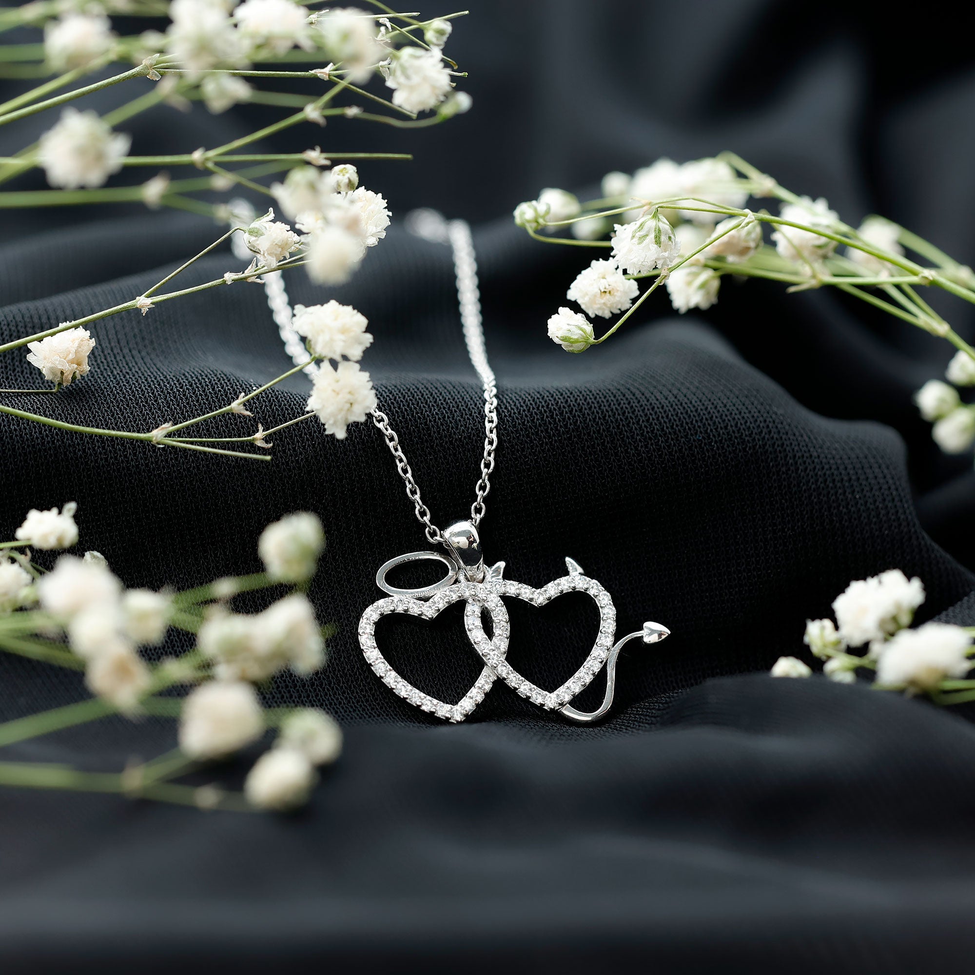 Certified Zircon Angle and Devil Twin Heart Necklace
