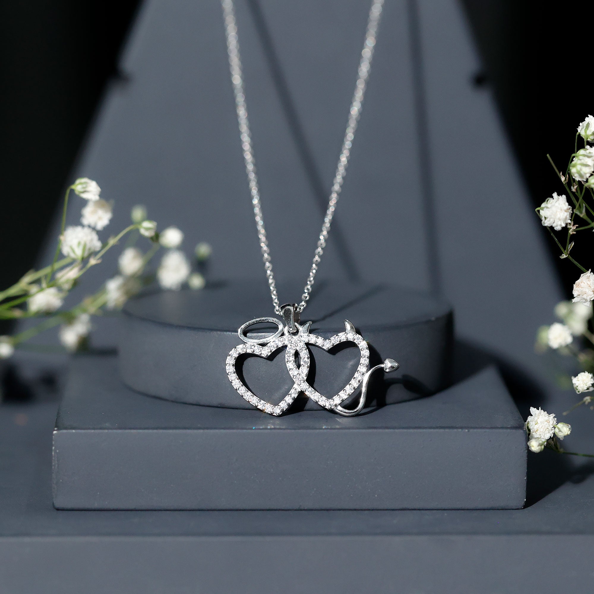 Certified Zircon Angle and Devil Twin Heart Necklace