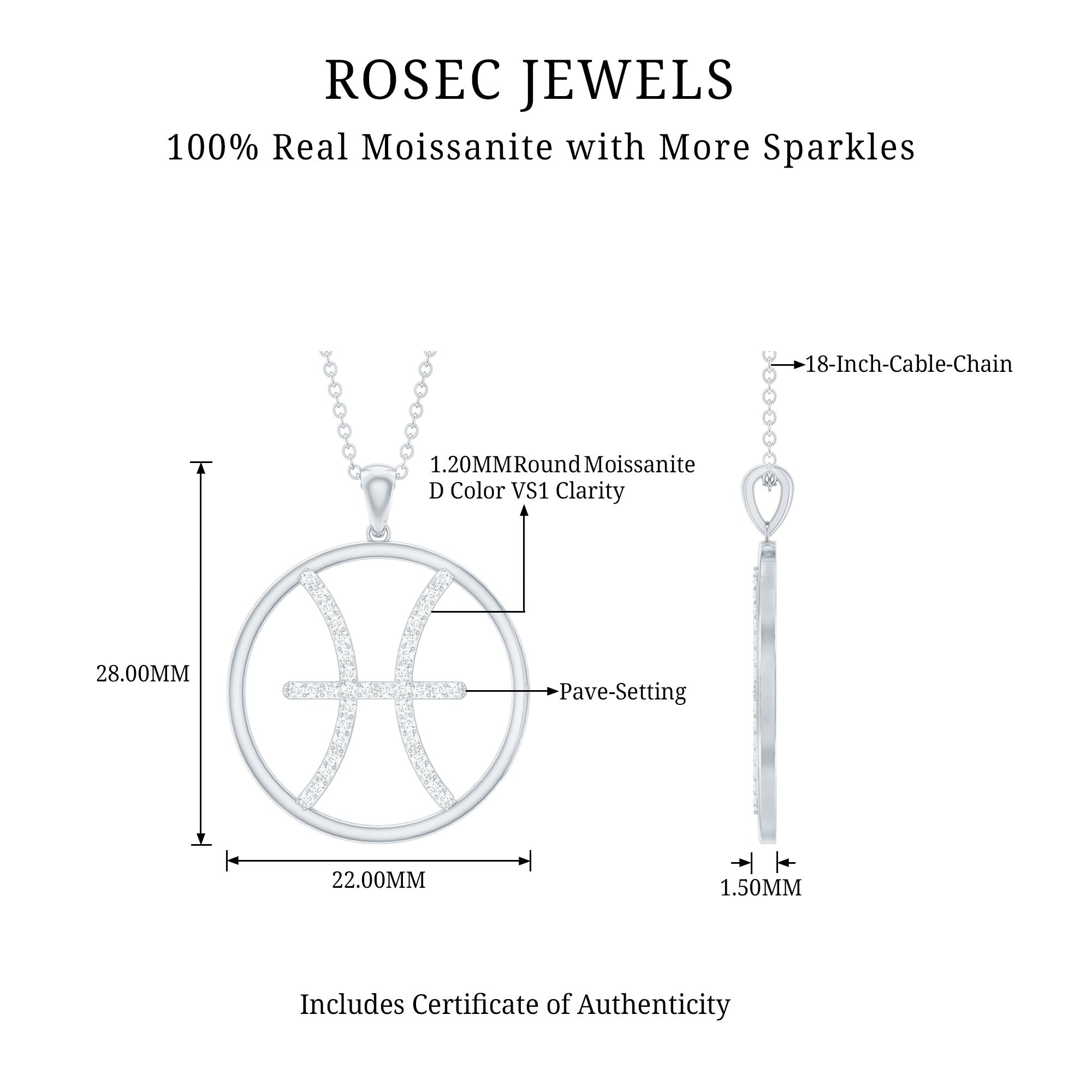 Certified Moissanite Pisces Zodiac Sign Pendant Necklace