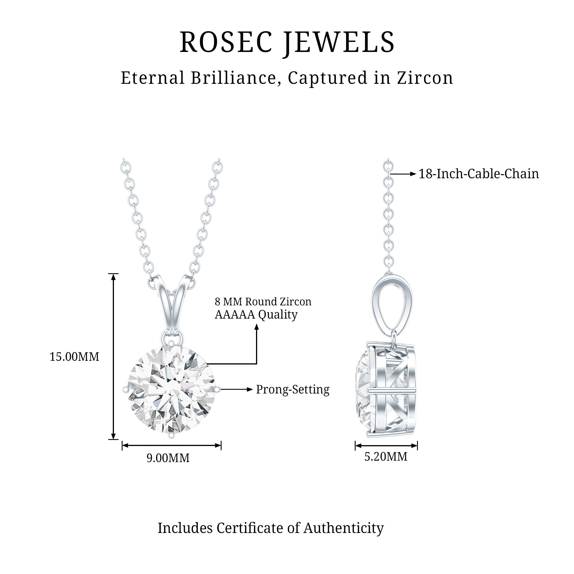 8 MM Round Certified Cubic Zirconia Solitaire Pendant Necklace in Gold