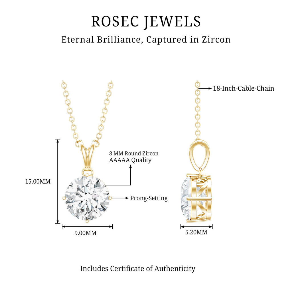 8 MM Round Certified Cubic Zirconia Solitaire Pendant Necklace in Gold