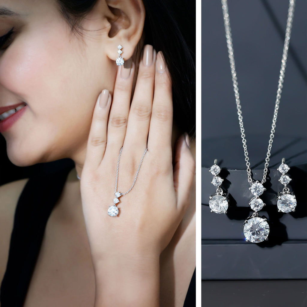 Cubic Zirconia Dangle Necklace and Earrings Set For Bride