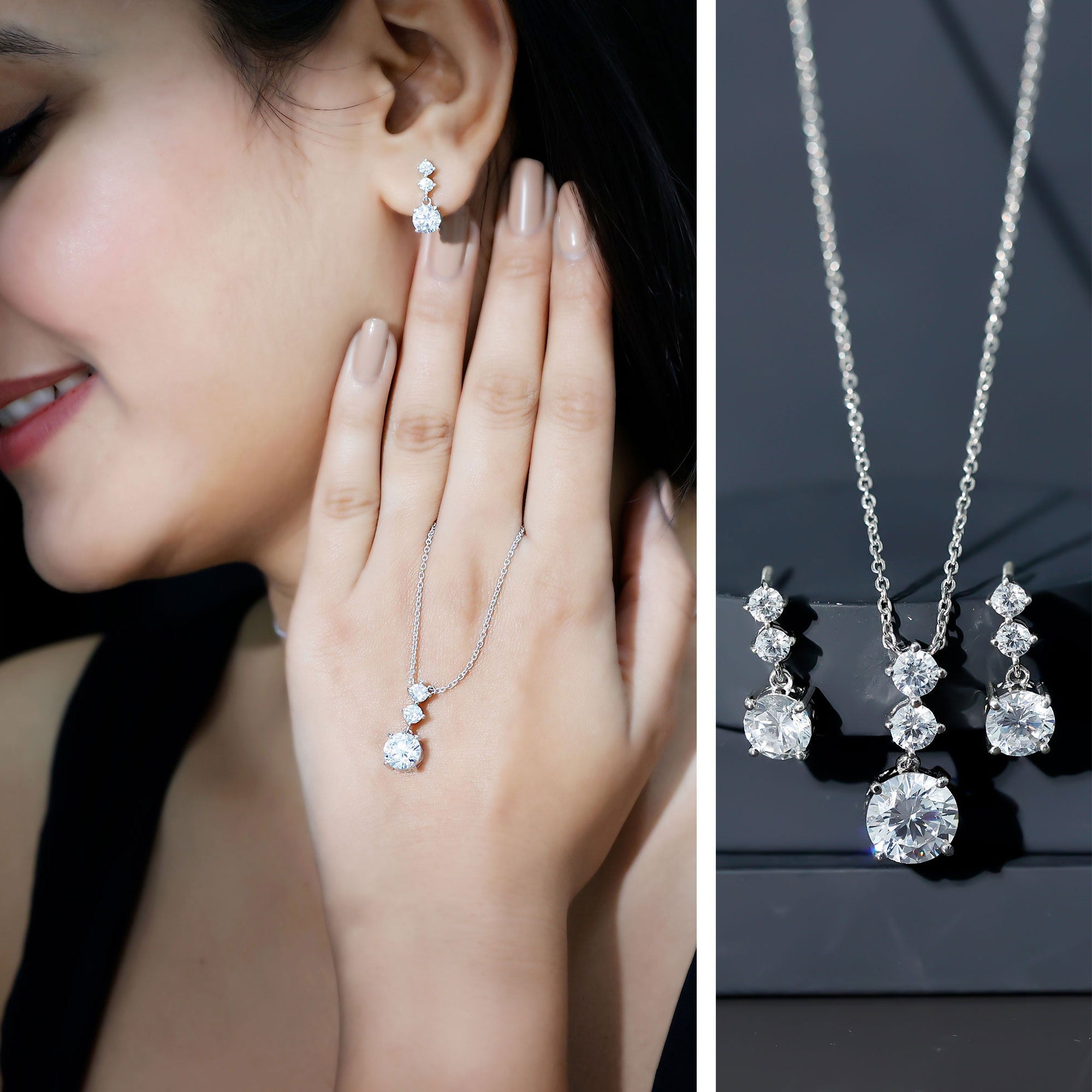 Cubic Zirconia Dangle Necklace and Earrings Set For Bride