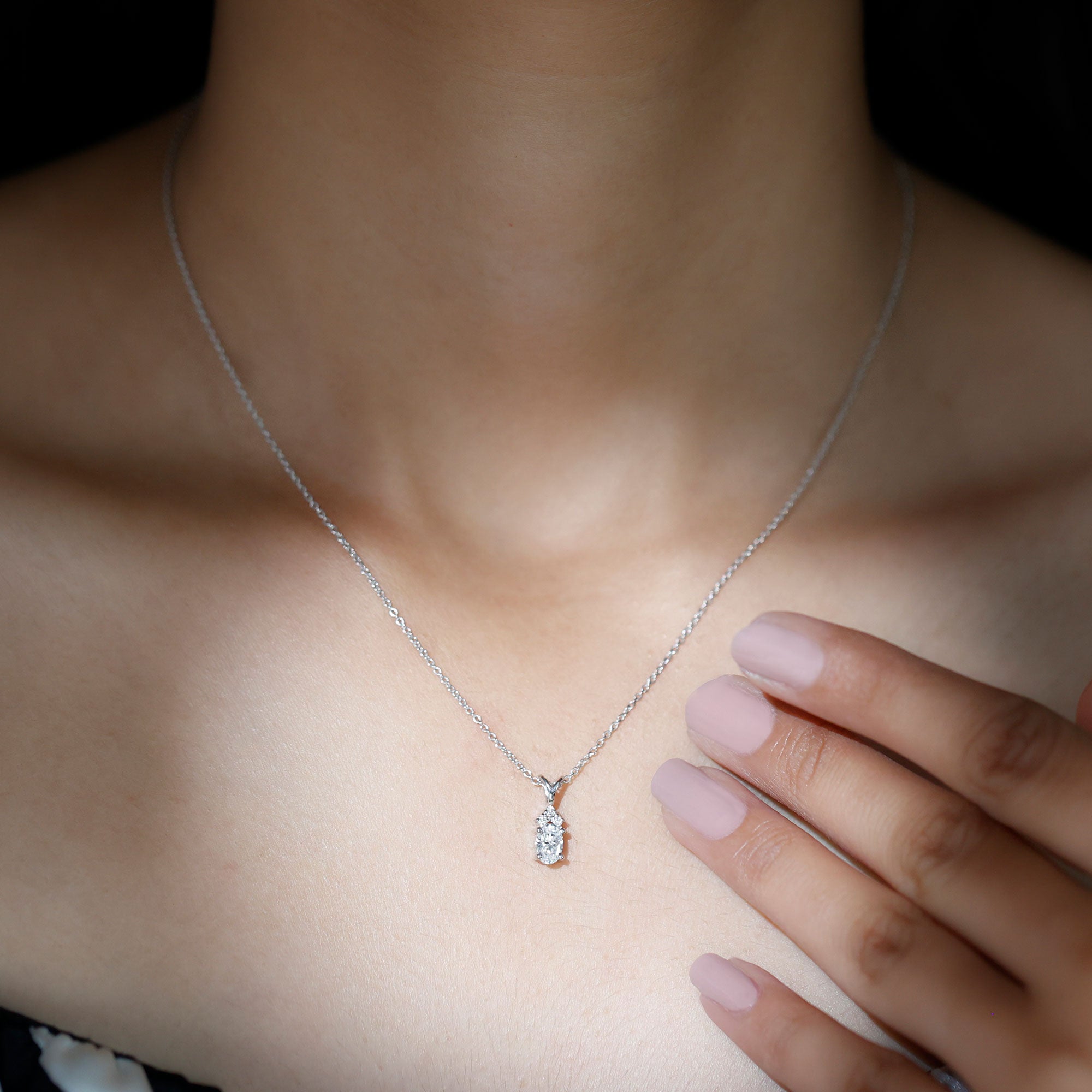 Oval and Round Cut Moissanite Minimal Solitaire Pendant Necklace