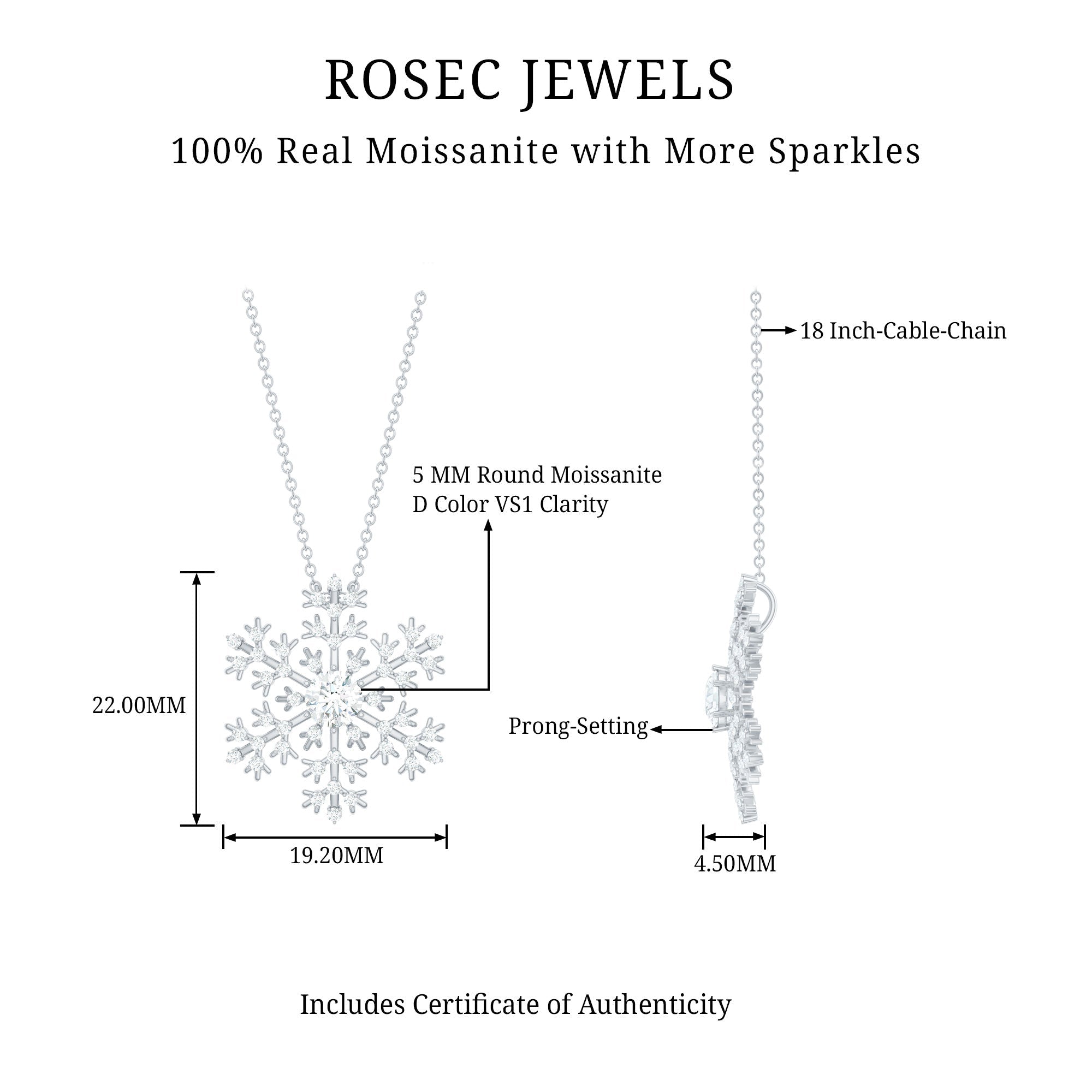 Certified Moissanite Snowflake Pendant Necklace With Chain