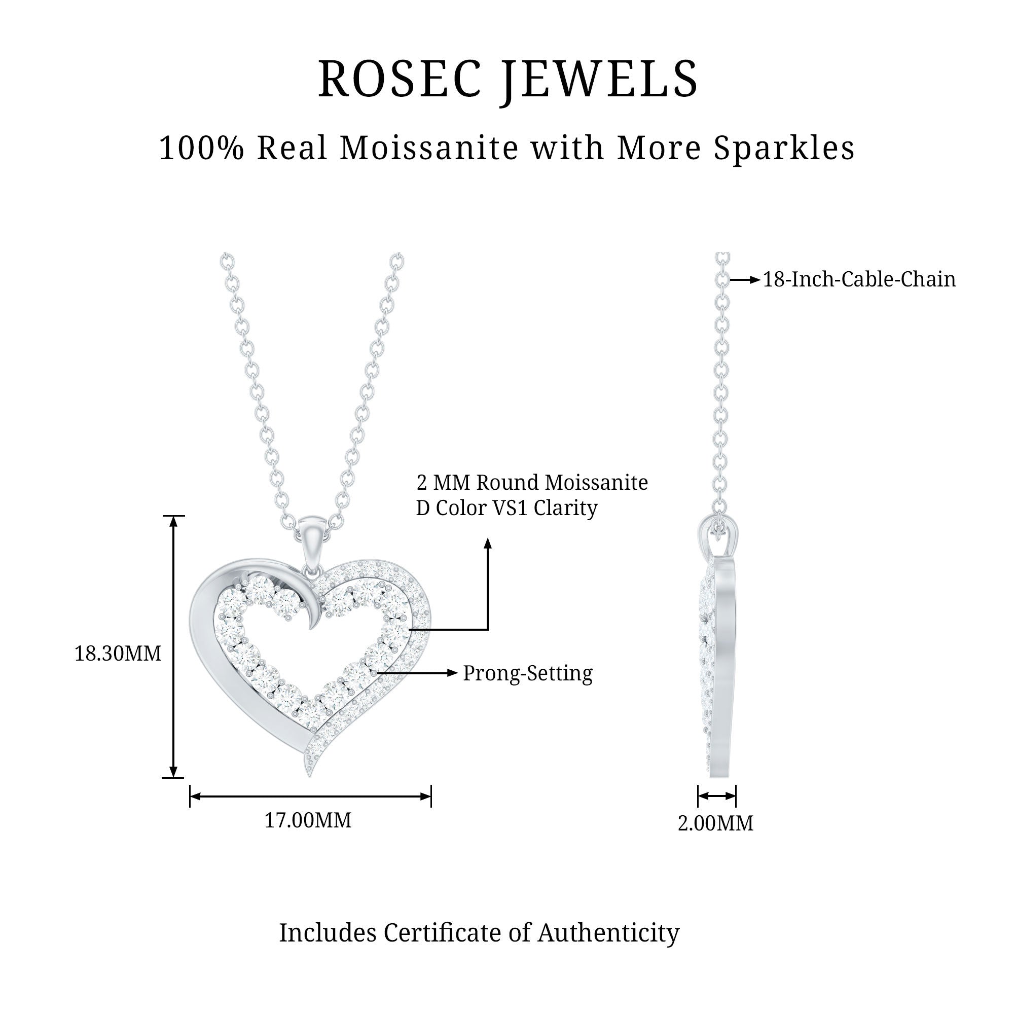 1 CT Certified Moissanite Heart Pendant in Prong Setting