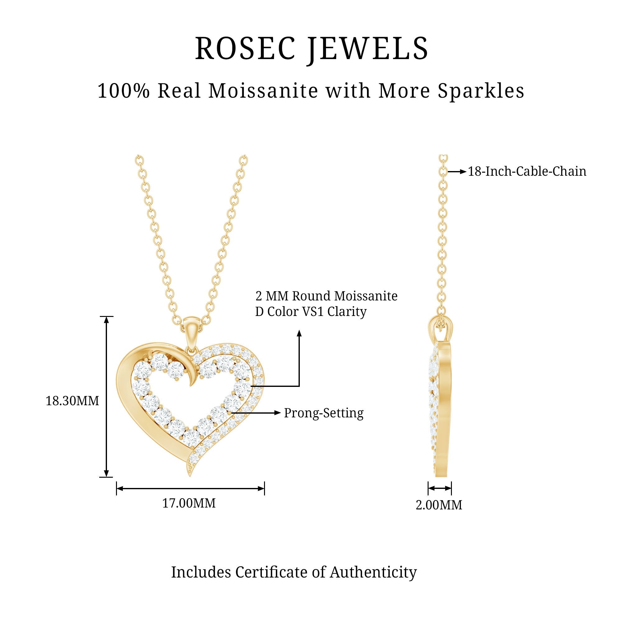 1 CT Certified Moissanite Heart Pendant in Prong Setting