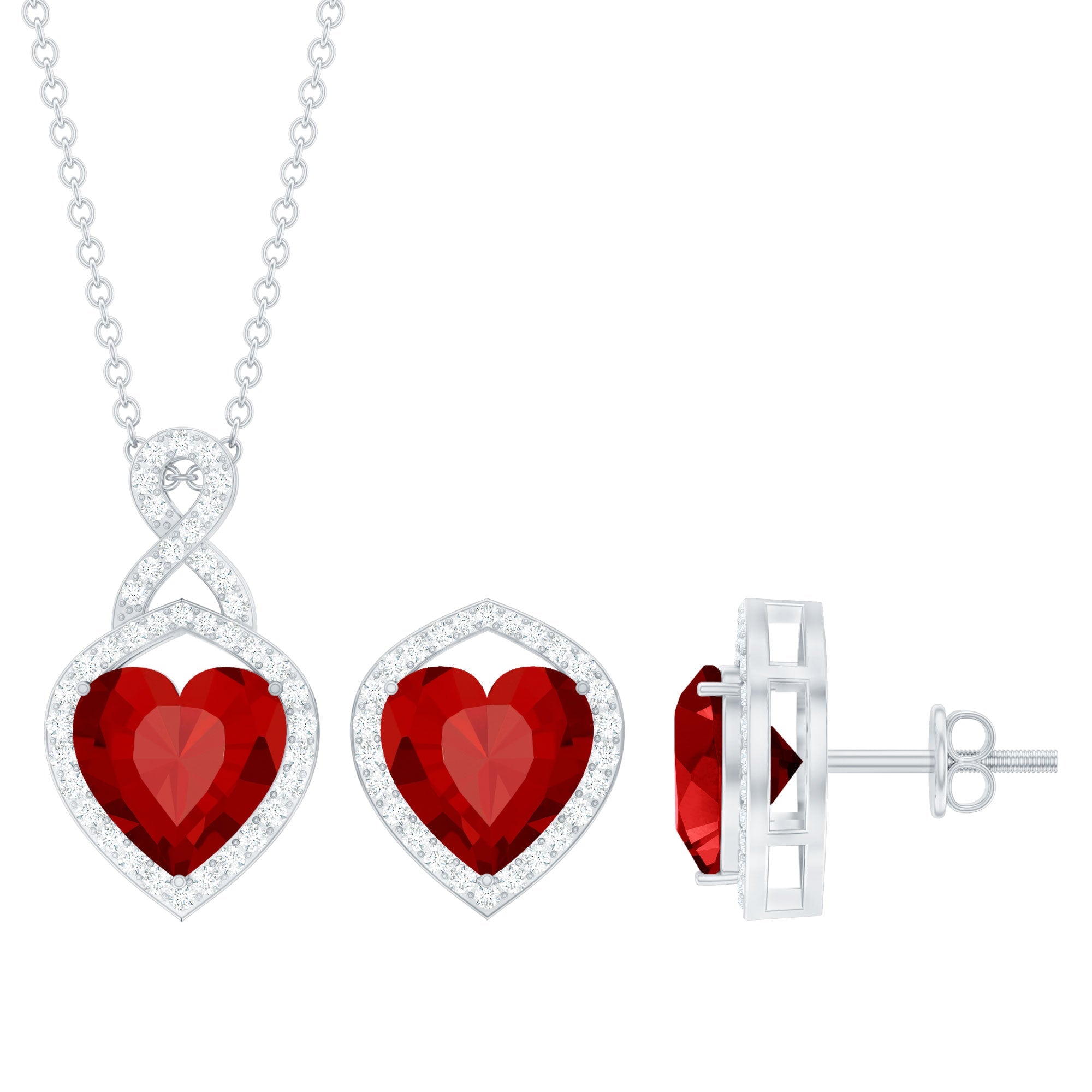 Heart Shape Created Ruby and Moissanite Infinity Pendant Earrings Set