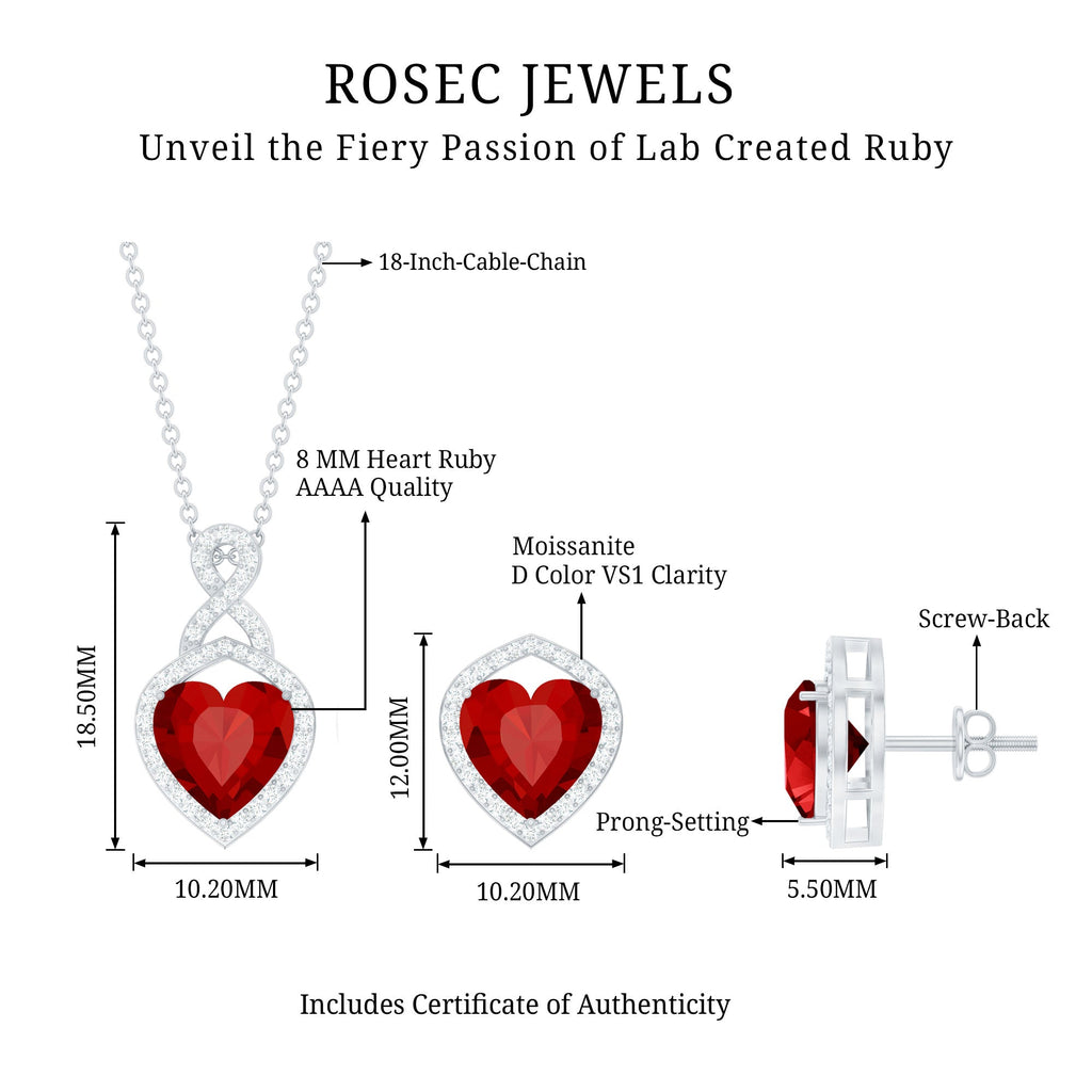 Heart Shape Created Ruby and Moissanite Infinity Pendant Earrings Set