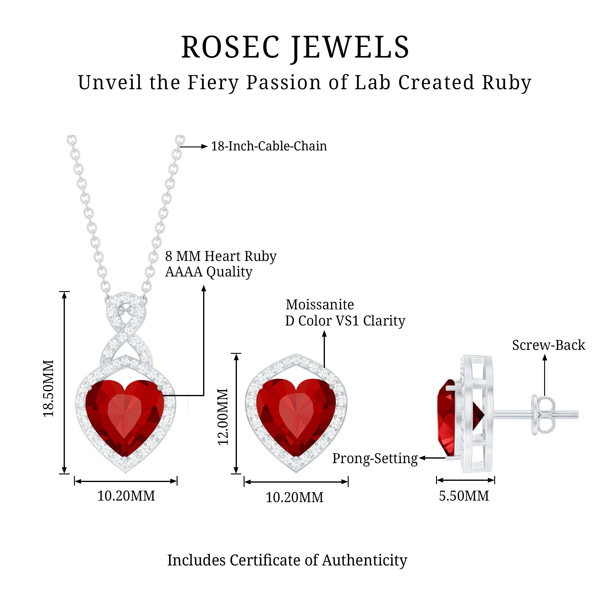 Heart Shape Created Ruby and Moissanite Infinity Pendant Earrings Set