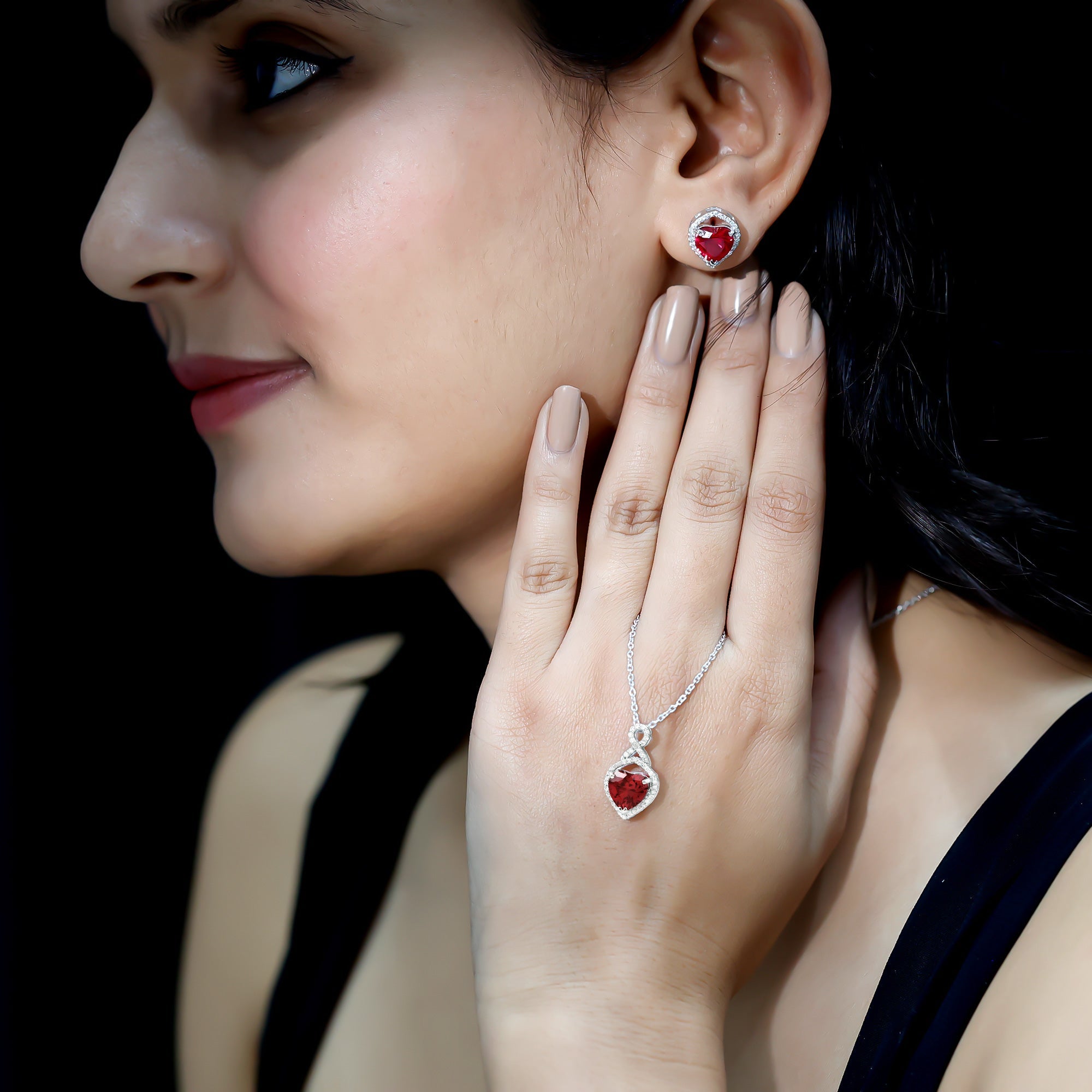 Heart Shape Created Ruby and Moissanite Infinity Pendant Earrings Set