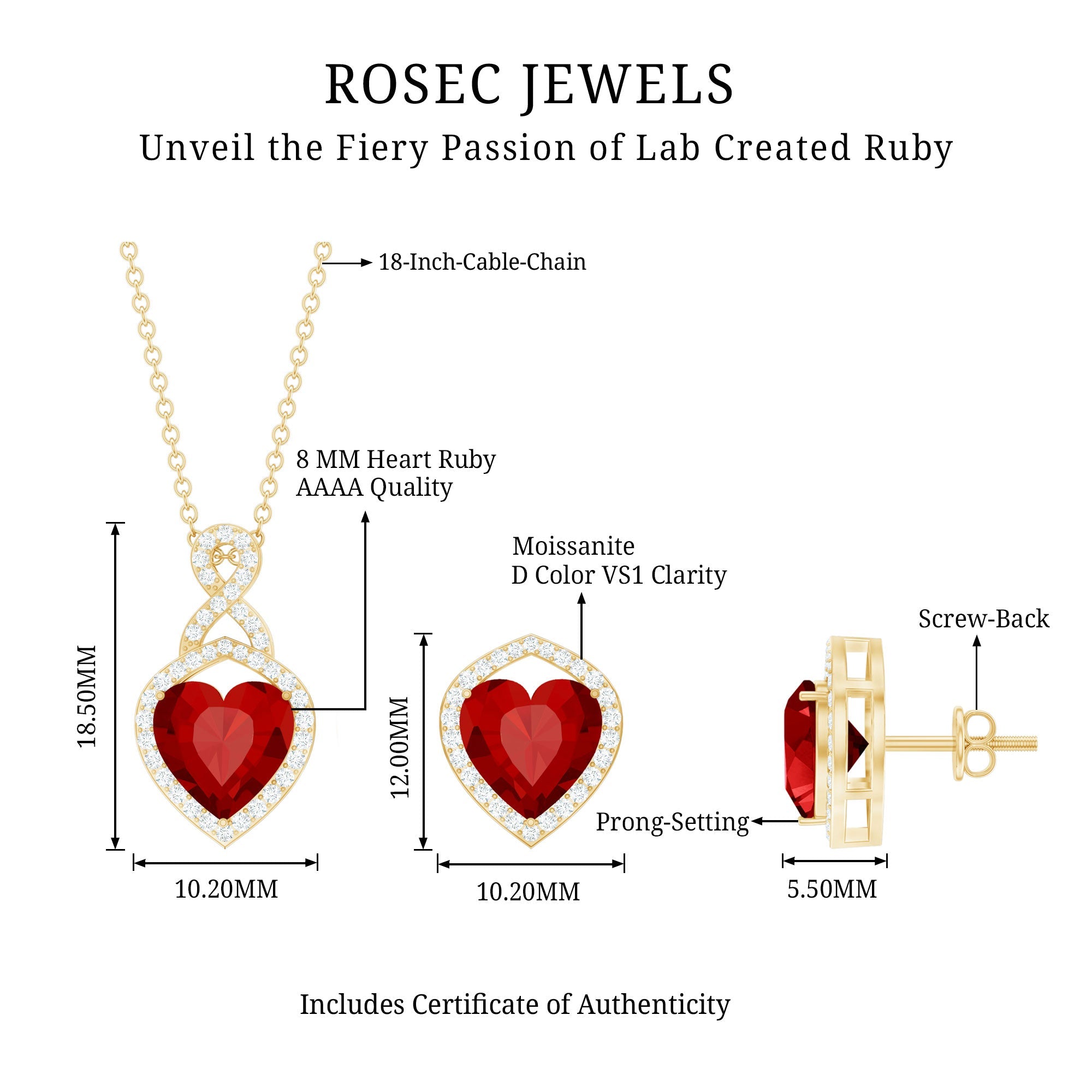 Heart Shape Created Ruby and Moissanite Infinity Pendant Earrings Set