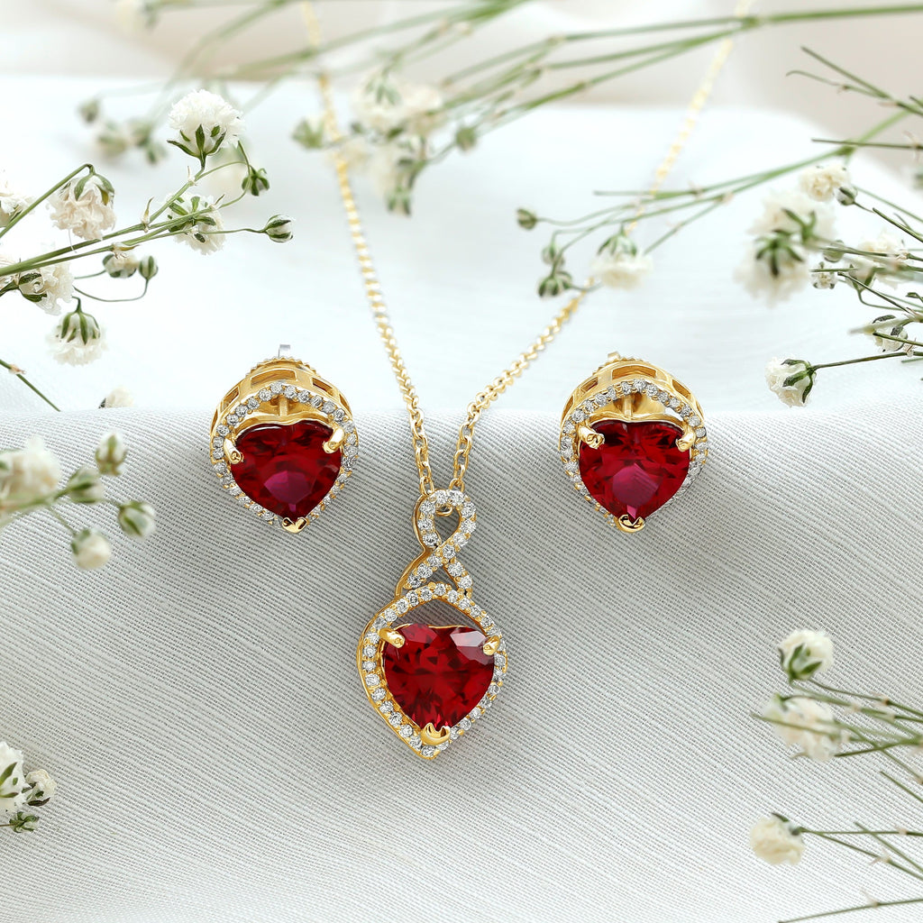 Heart Shape Created Ruby and Moissanite Infinity Pendant Earrings Set