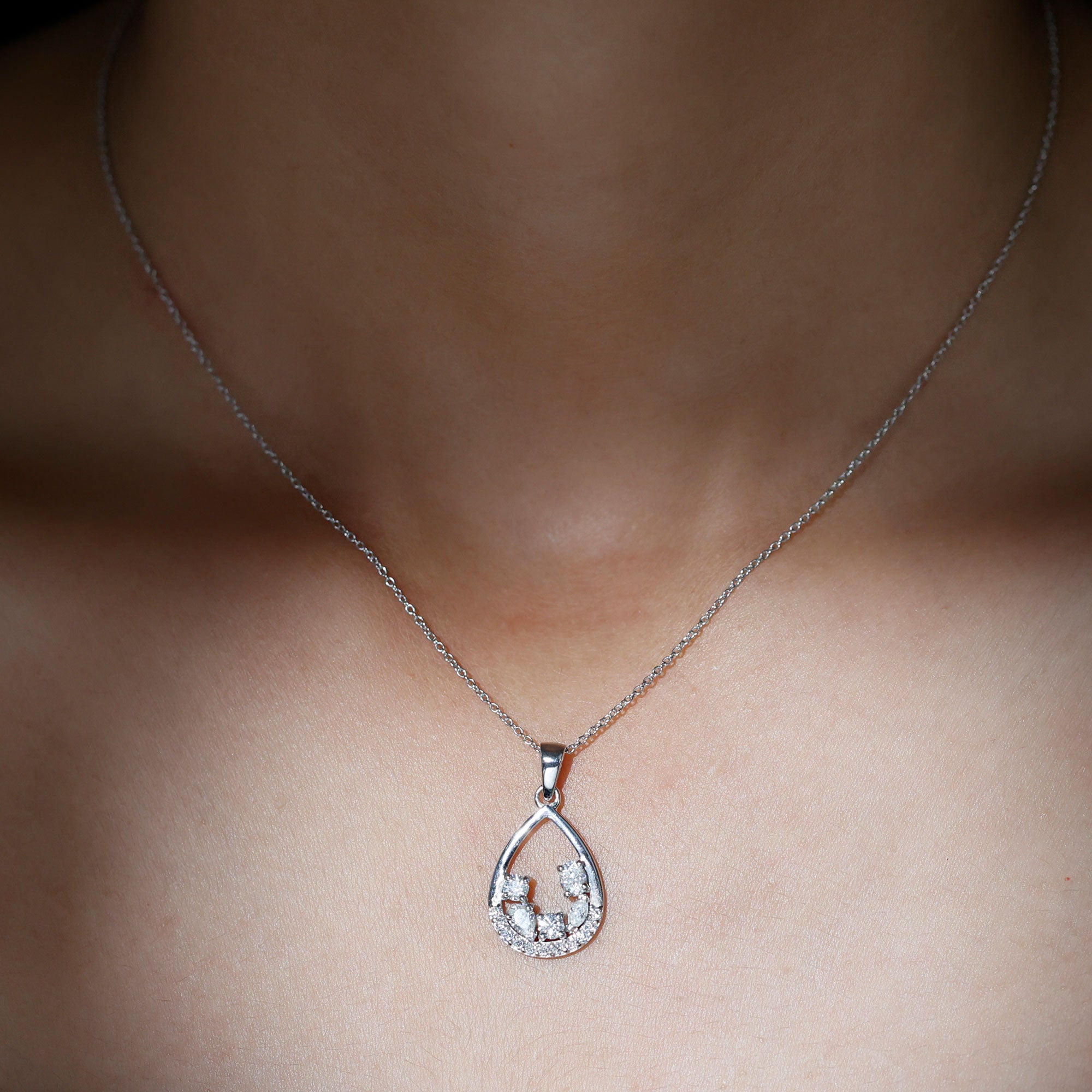 Designer Moissanite Teardrop Pendant Necklace in Silver