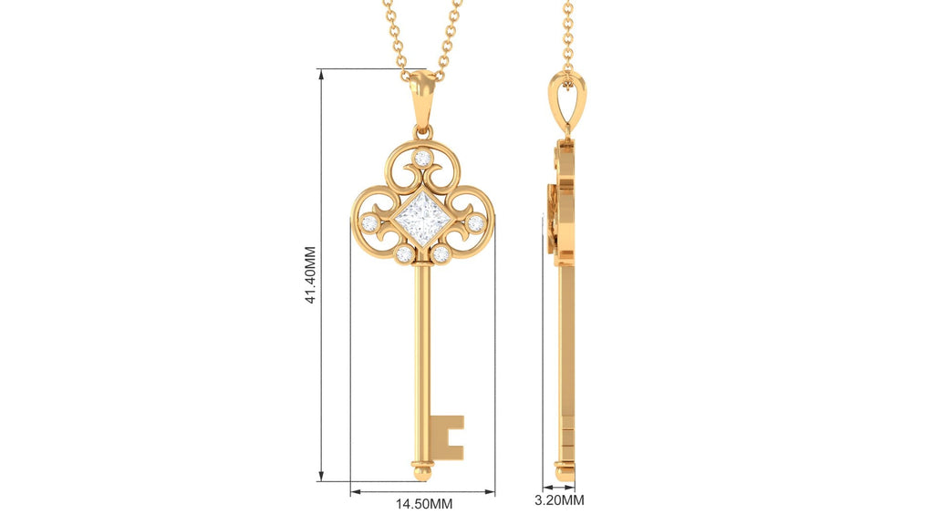 Round and Princess Cut Moissanite Key Pendant Necklace in Bezel Set