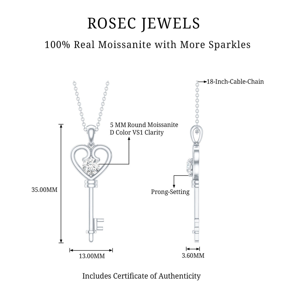 Certified Moissanite Heart Key Pendant Necklace
