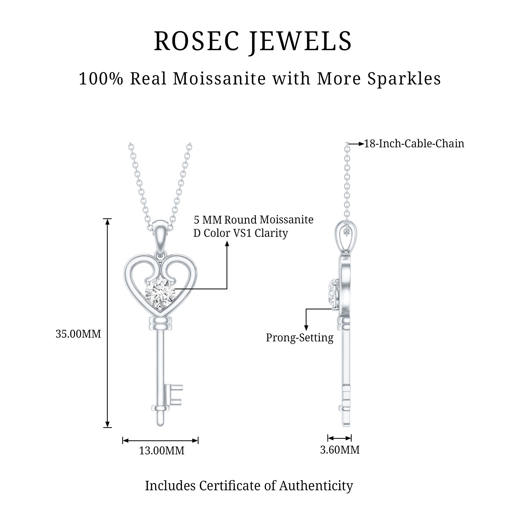 Certified Moissanite Heart Key Pendant Necklace