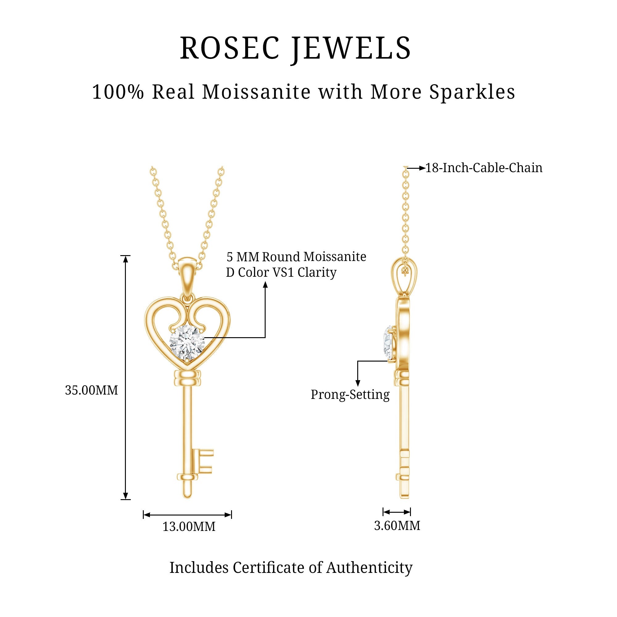Certified Moissanite Heart Key Pendant Necklace