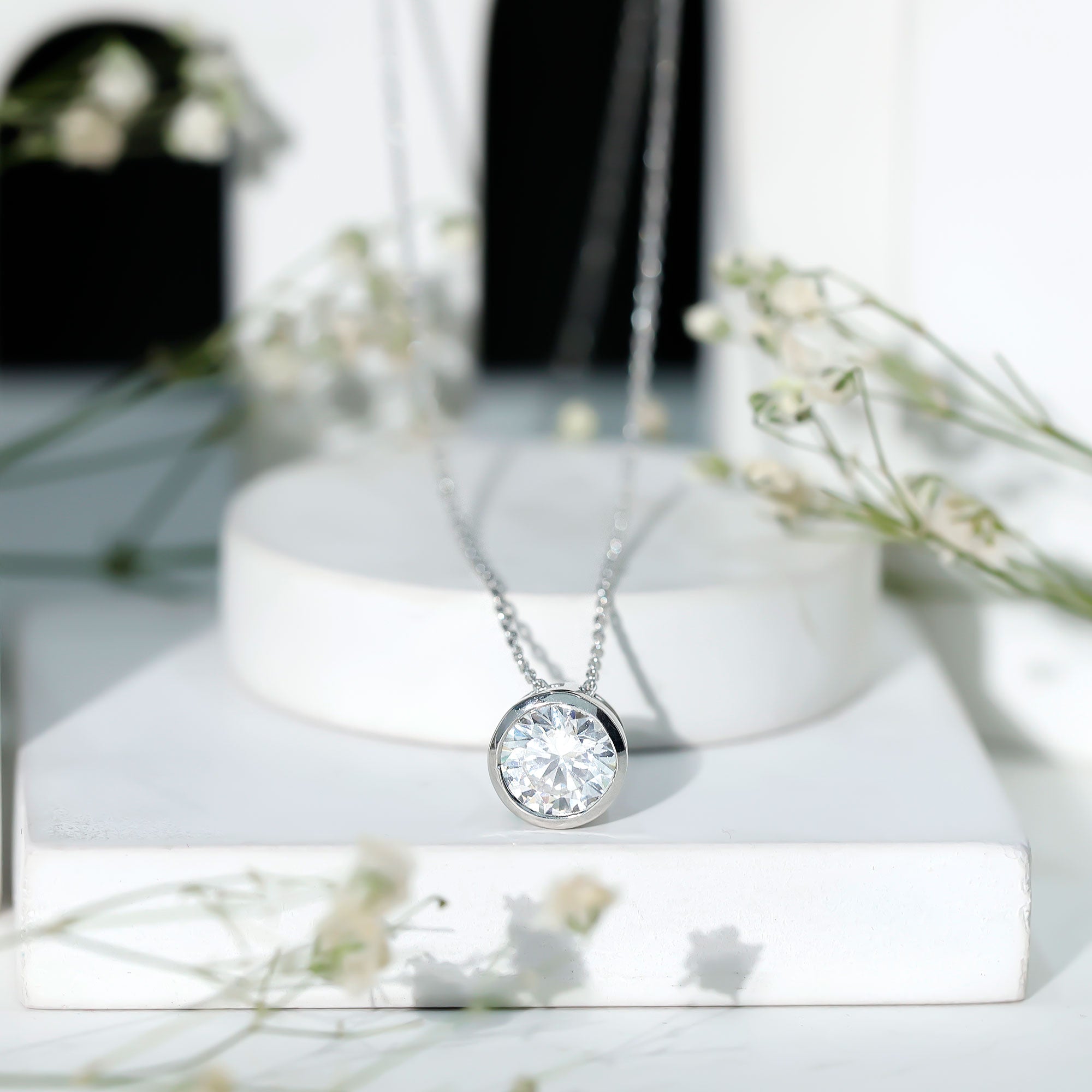 Round Cut 8MM Cubic Zirconia Bezel Set Solitaire Necklace