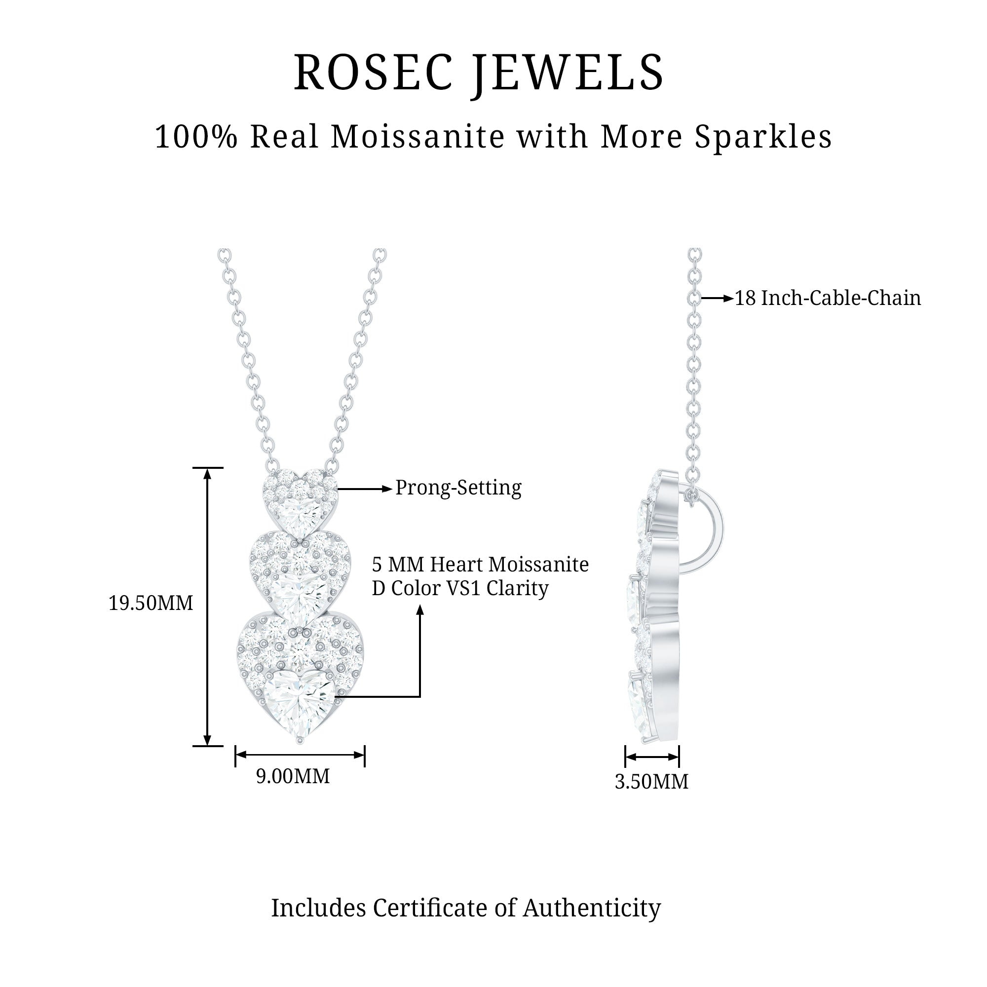1.75 CT Certified Moissanite Dangle Heart Pendant in Gold