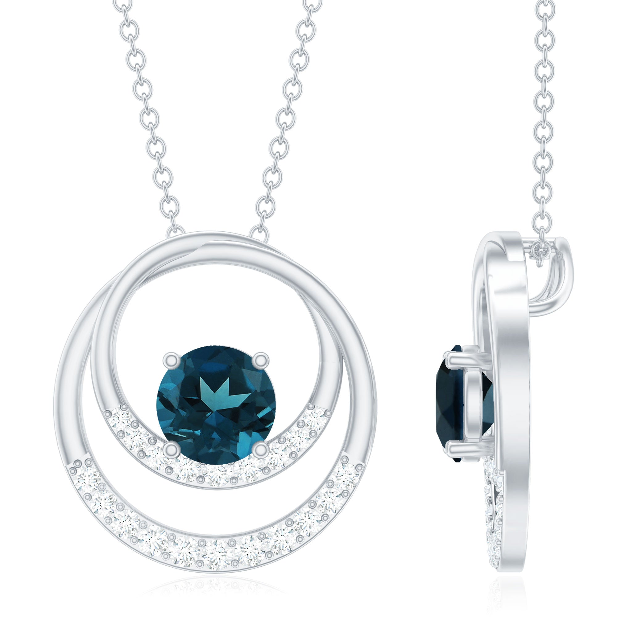 Real London Blue Topaz and Diamond Open Circle Pendant