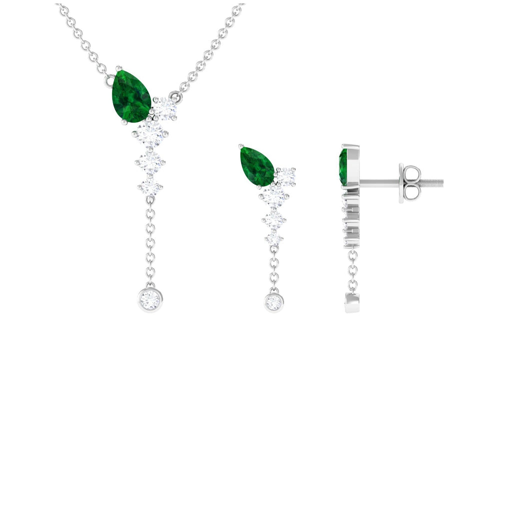 Minimal Created Emerald Dangle Necklace and Earrings Set in Gold with Moissanite