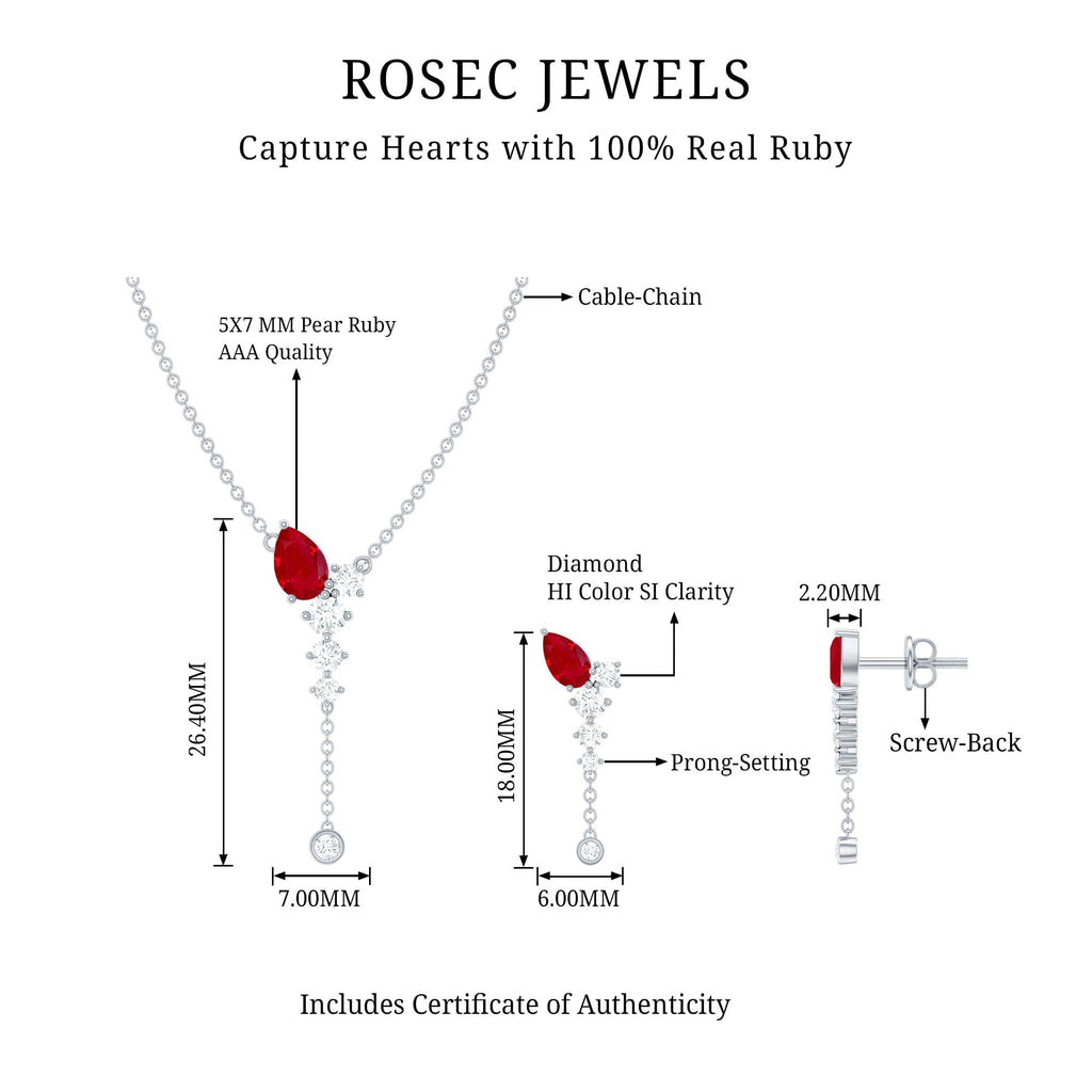 Minimal Ruby Dangle Necklace and Earrings Set with Diamond