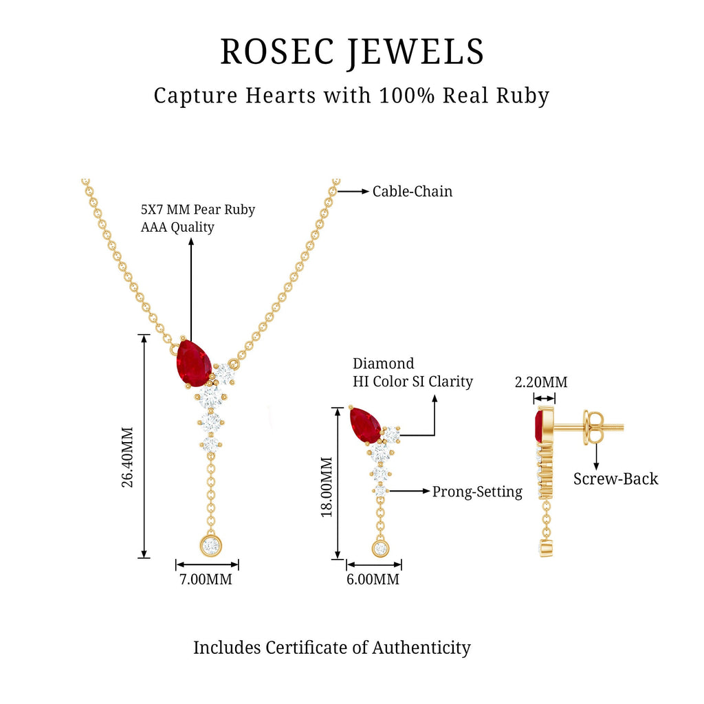 Minimal Ruby Dangle Necklace and Earrings Set with Diamond