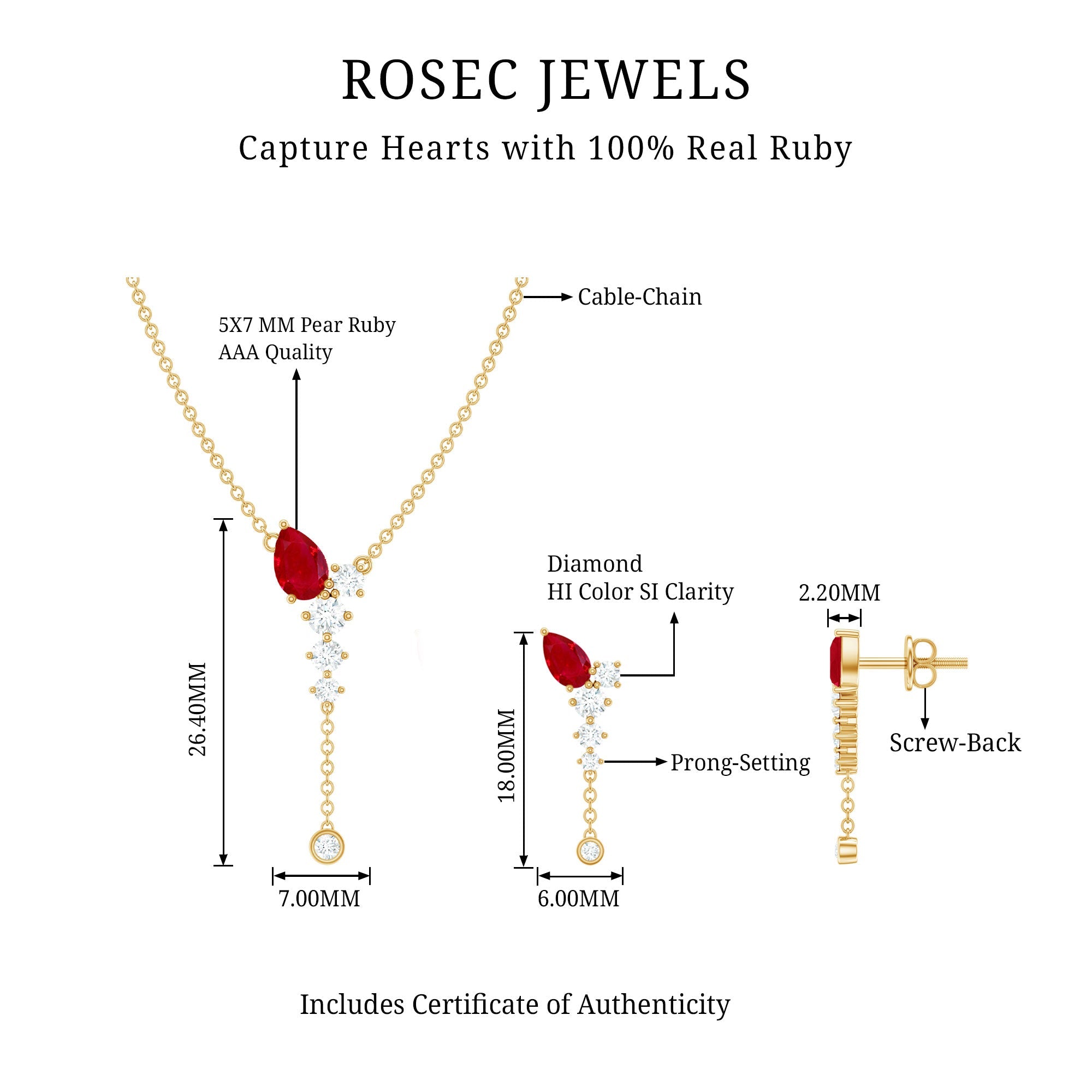 Minimal Ruby Dangle Necklace and Earrings Set with Diamond