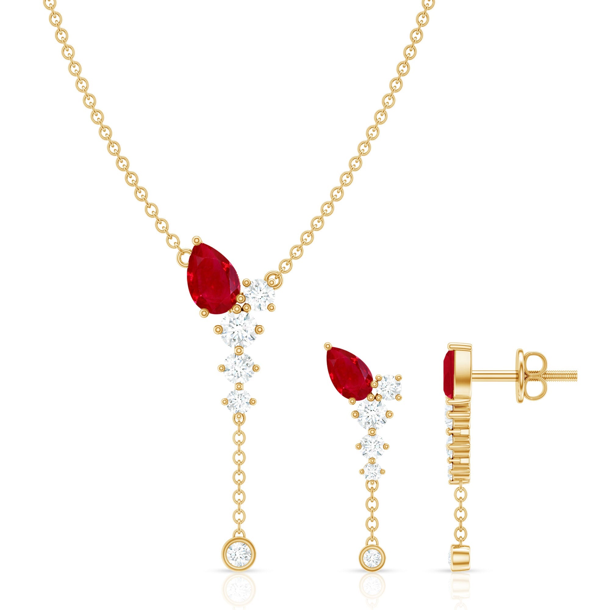 Minimal Ruby Dangle Necklace and Earrings Set with Diamond