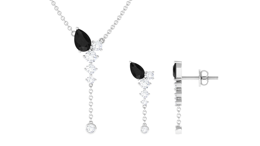 Certified Real Black Onyx Lariat Necklace and Earrings Set with Moissanite