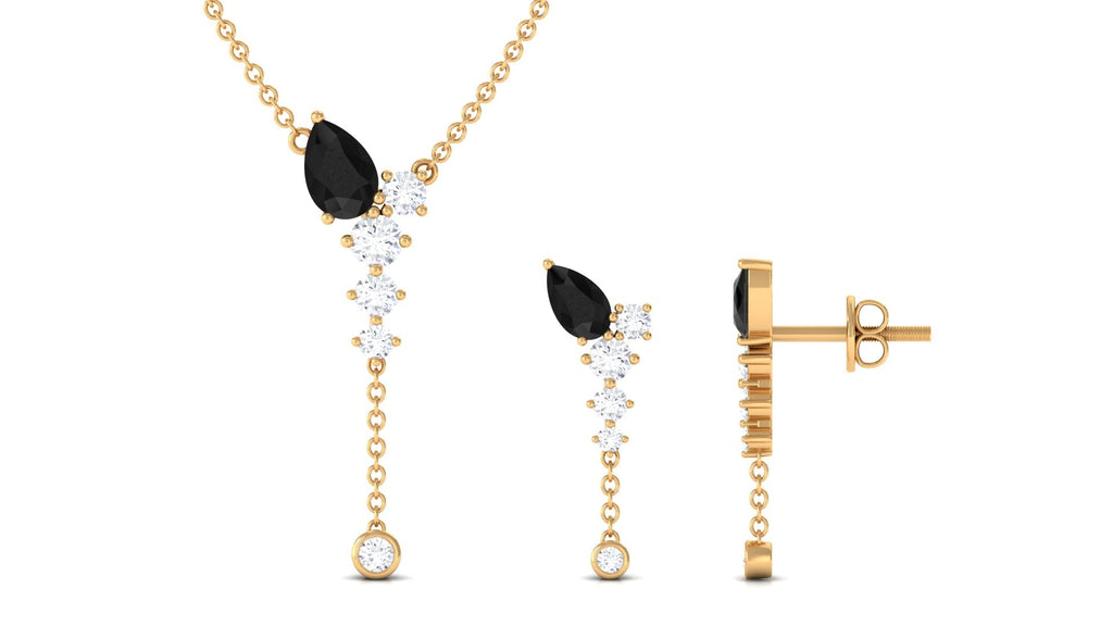 Certified Real Black Onyx Lariat Necklace and Earrings Set with Moissanite
