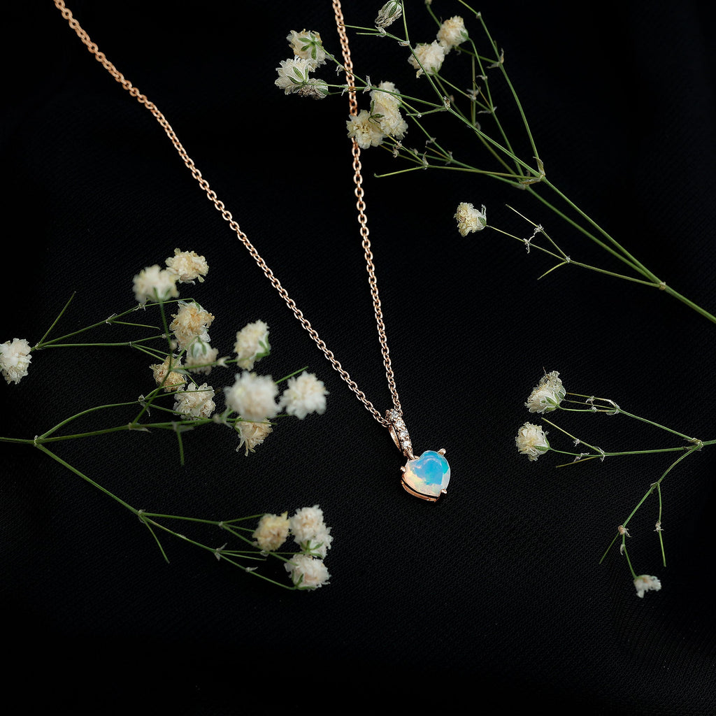 Heart Shape Ethiopian Opal Solitaire Pendant Necklace with Diamond