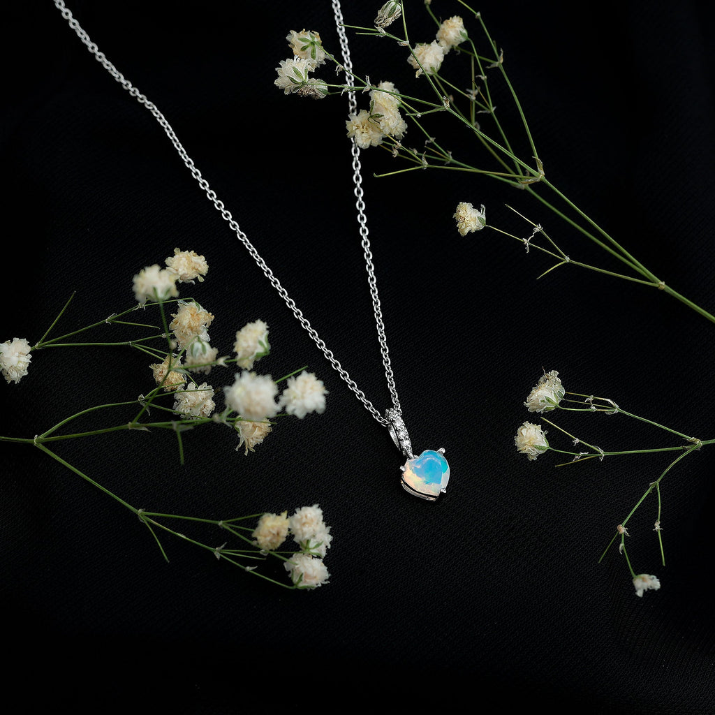 Heart Shape Ethiopian Opal Solitaire Pendant Necklace with Diamond