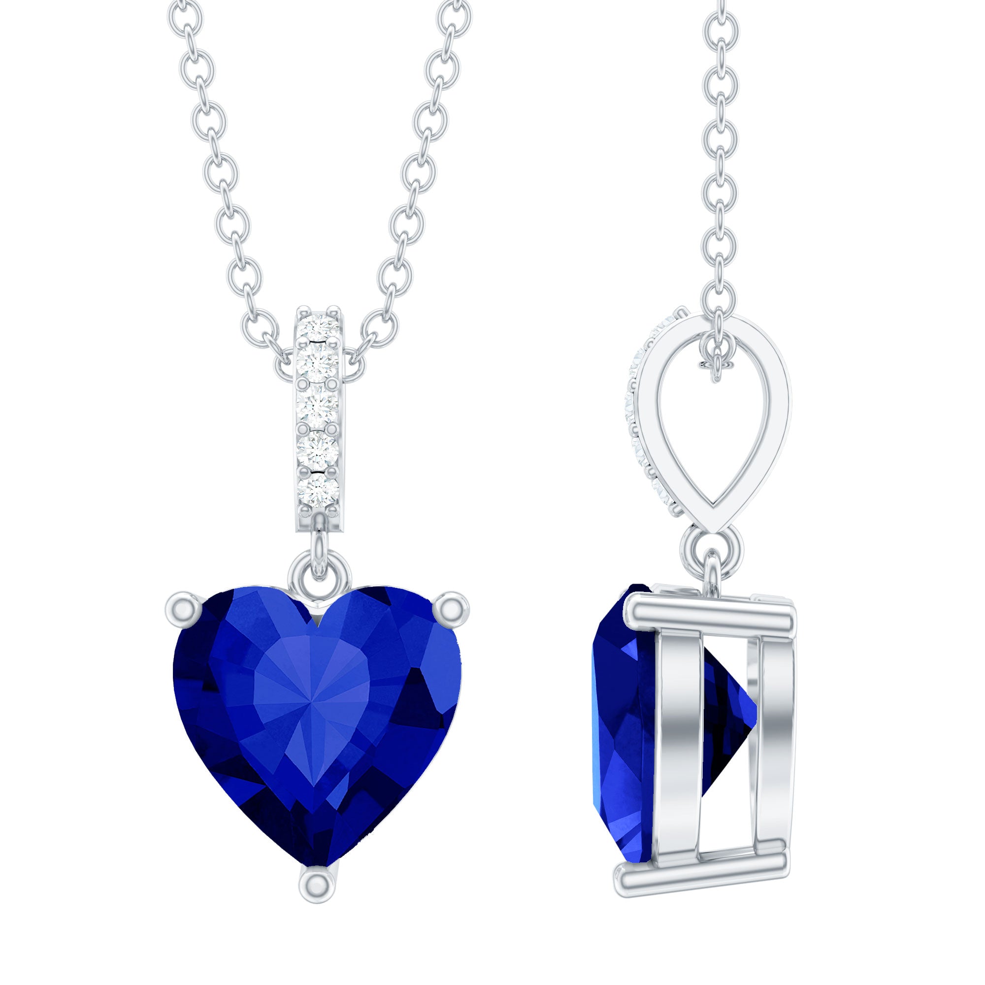 Heart Shape Created Blue Sapphire Solitaire Pendant with Diamond Accent Bail