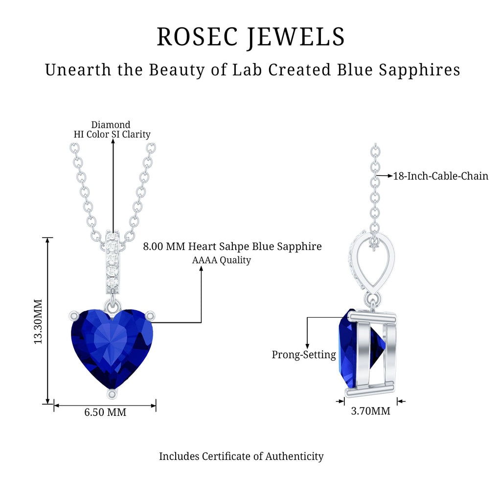 Heart Shape Created Blue Sapphire Solitaire Pendant with Diamond Accent Bail