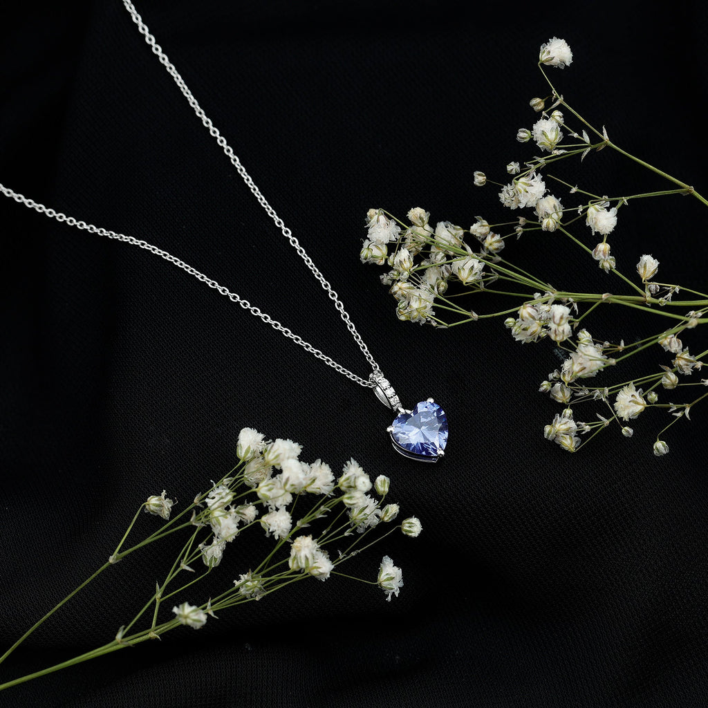 Heart Shape Created Blue Sapphire Solitaire Pendant with Diamond Accent Bail