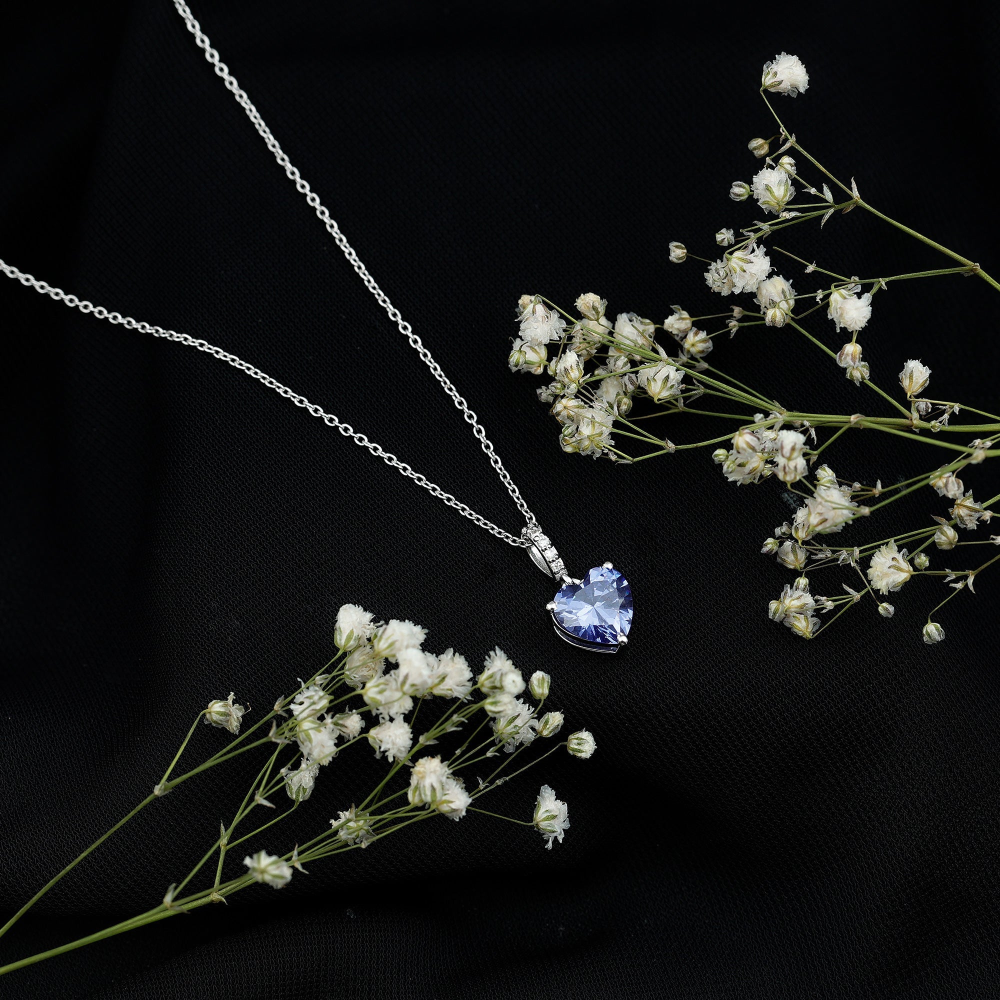 Heart Shape Created Blue Sapphire Solitaire Pendant with Diamond Accent Bail