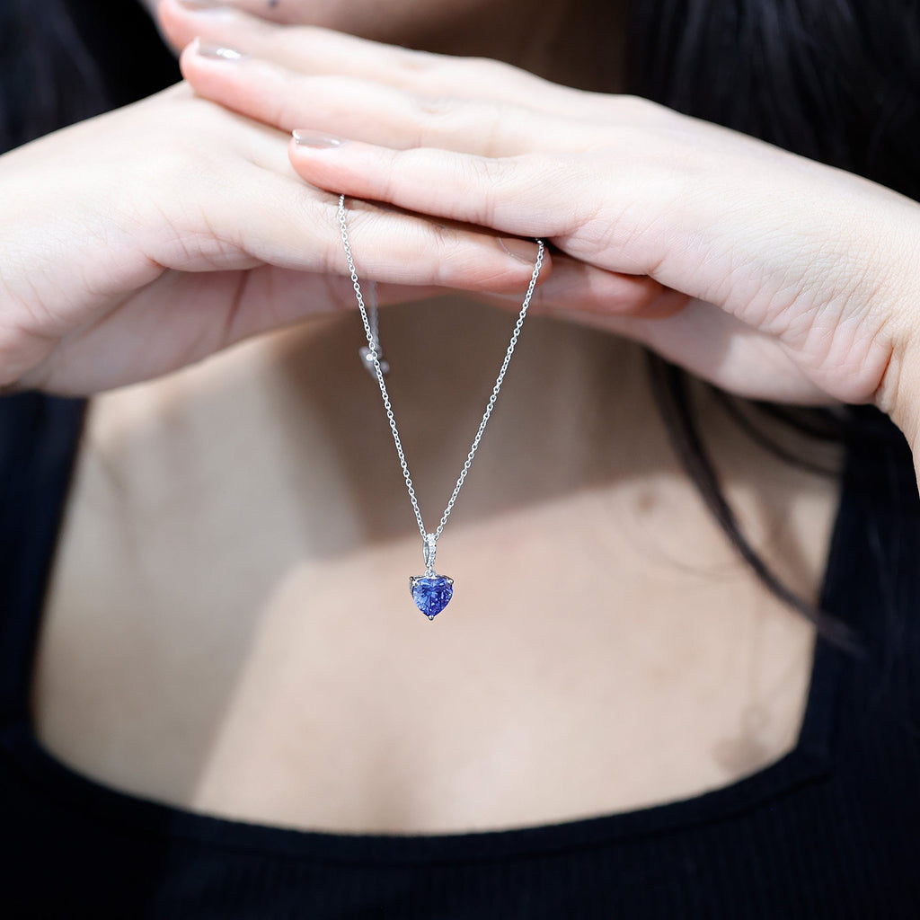 Heart Shape Created Blue Sapphire Solitaire Pendant with Diamond Accent Bail