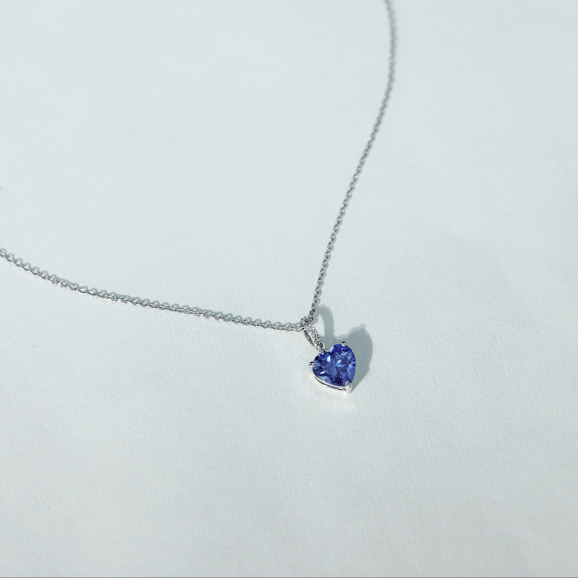 Heart Shape Created Blue Sapphire Solitaire Pendant with Diamond Accent Bail