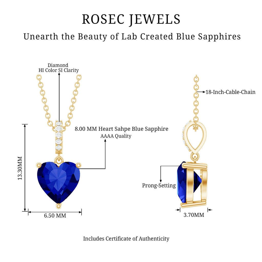 Heart Shape Created Blue Sapphire Solitaire Pendant with Diamond Accent Bail