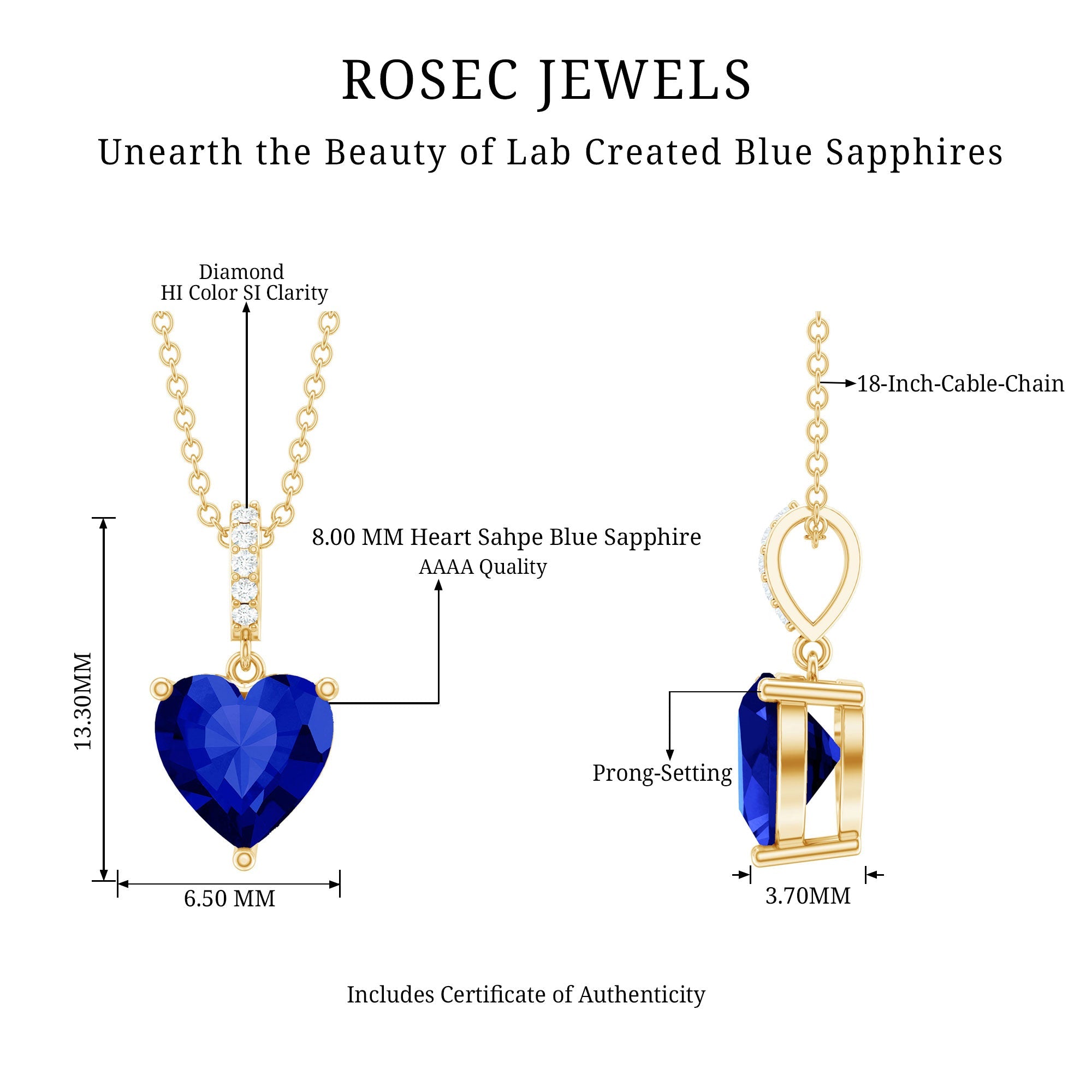 Heart Shape Created Blue Sapphire Solitaire Pendant with Diamond Accent Bail