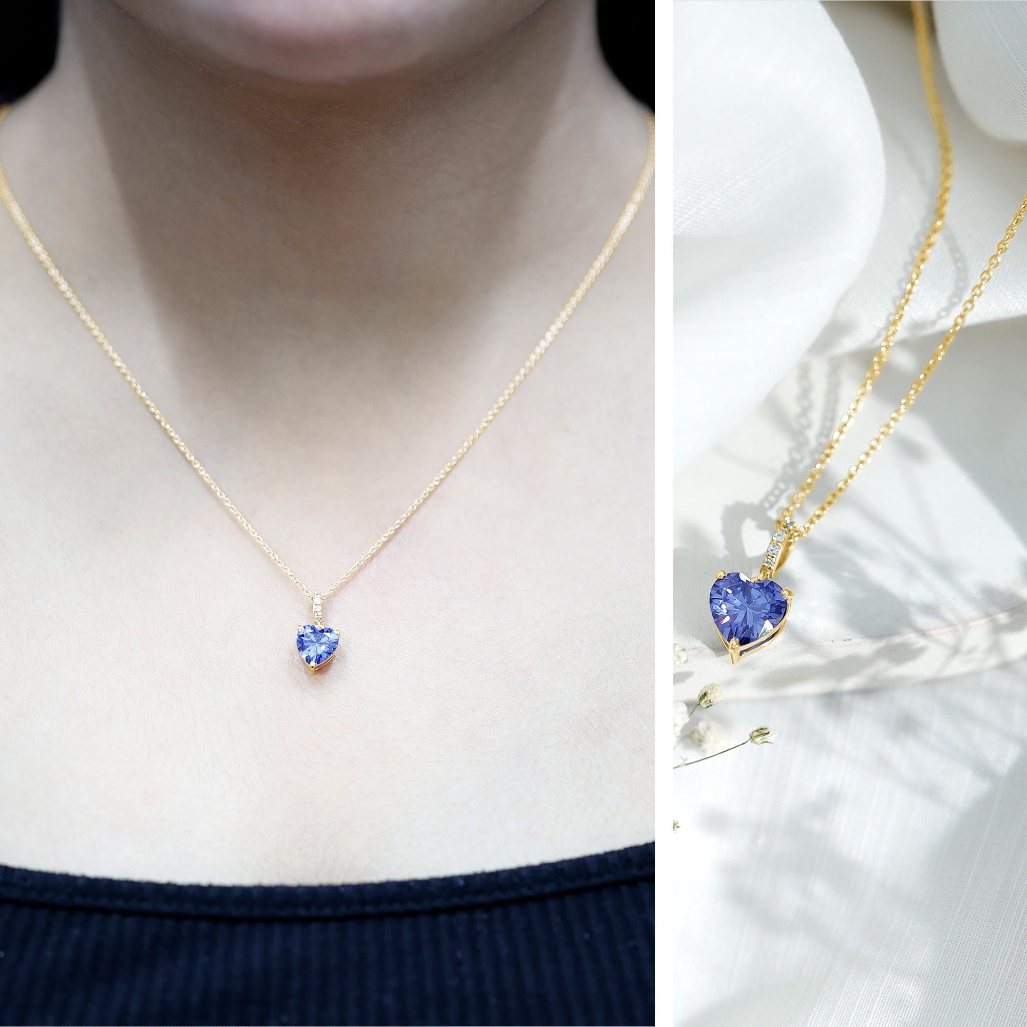 Heart Shape Created Blue Sapphire Solitaire Pendant with Diamond Accent Bail