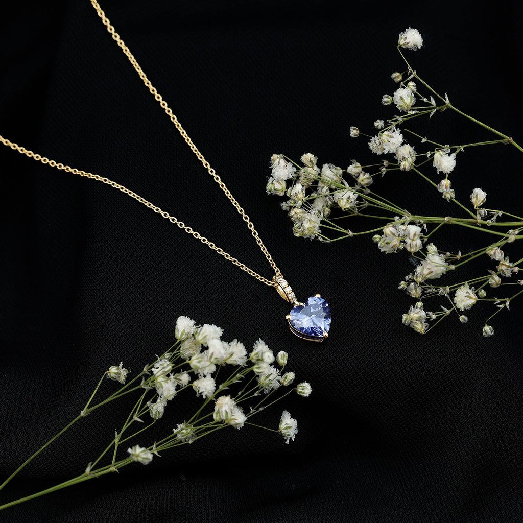 Heart Shape Created Blue Sapphire Solitaire Pendant with Diamond Accent Bail