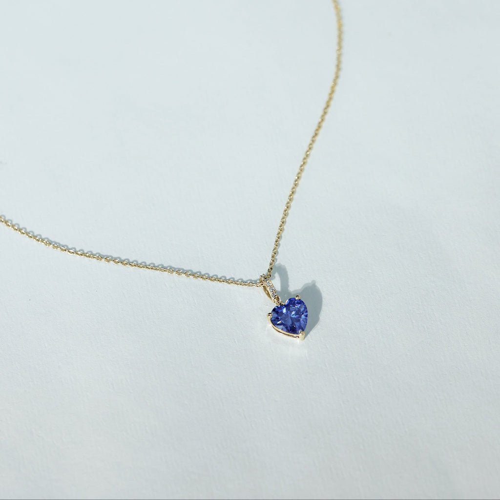 Heart Shape Created Blue Sapphire Solitaire Pendant with Diamond Accent Bail