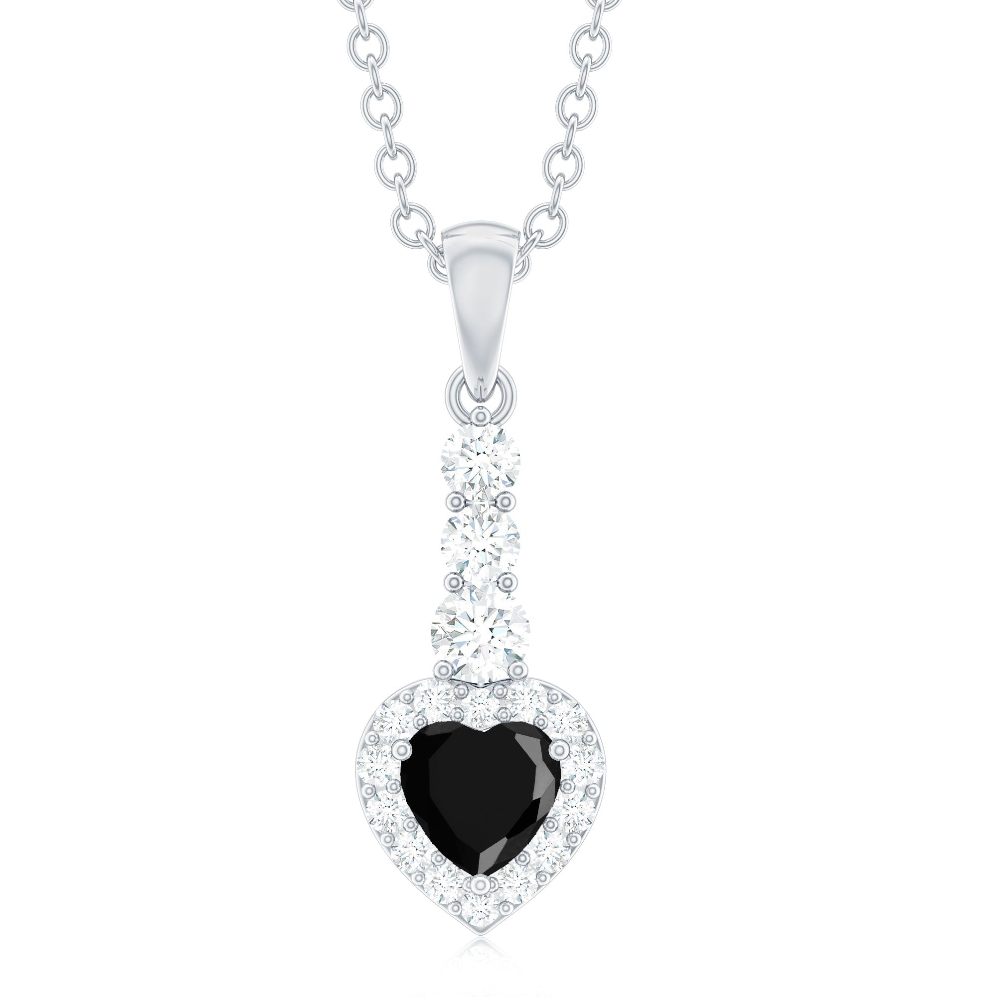 Natural Black Spinel Heart Pendant Necklace with Diamond Halo