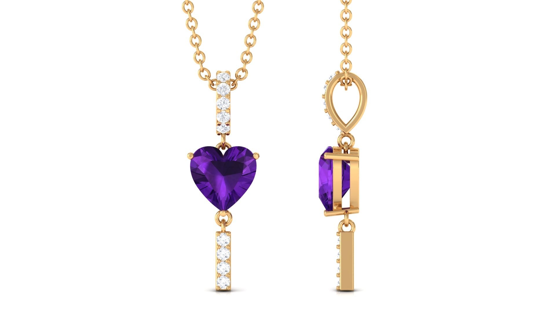Real 1 Carat Heart Shape Amethyst Drop Necklace with Diamond