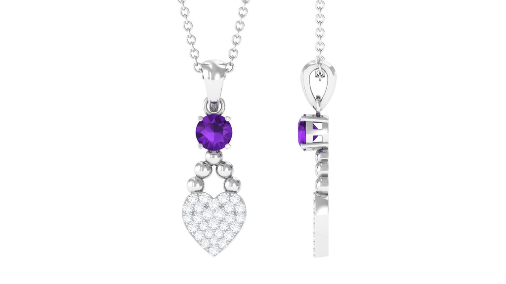 Natural Amethyst Diamond Heart Drop Pendant Necklace with Chain